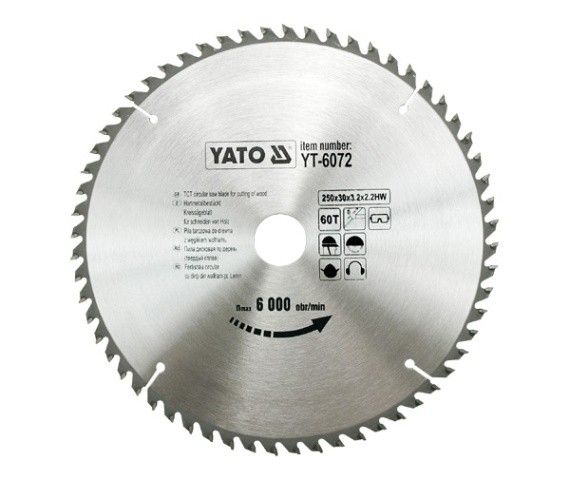 YATO Диск пиляльний победітовий по дереву YATO: 250х30х3.2х2.2 мм, 60 зубців, R.P.M до 6000 1/хв  | 