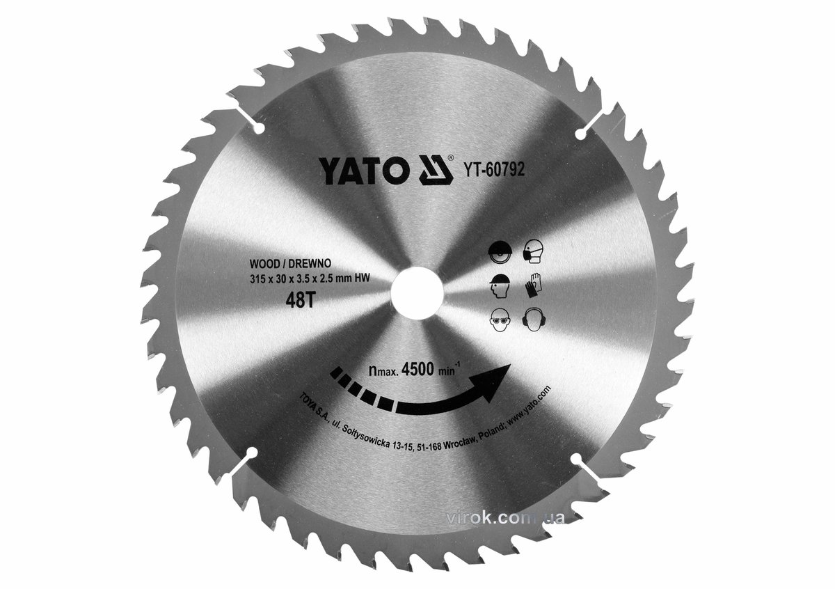 YATO Диск пиляльний победітовий по дереву YATO: 315х30х3.5х2.5 мм, 48 зубців, R.P.M до 4500 1/хв  | 