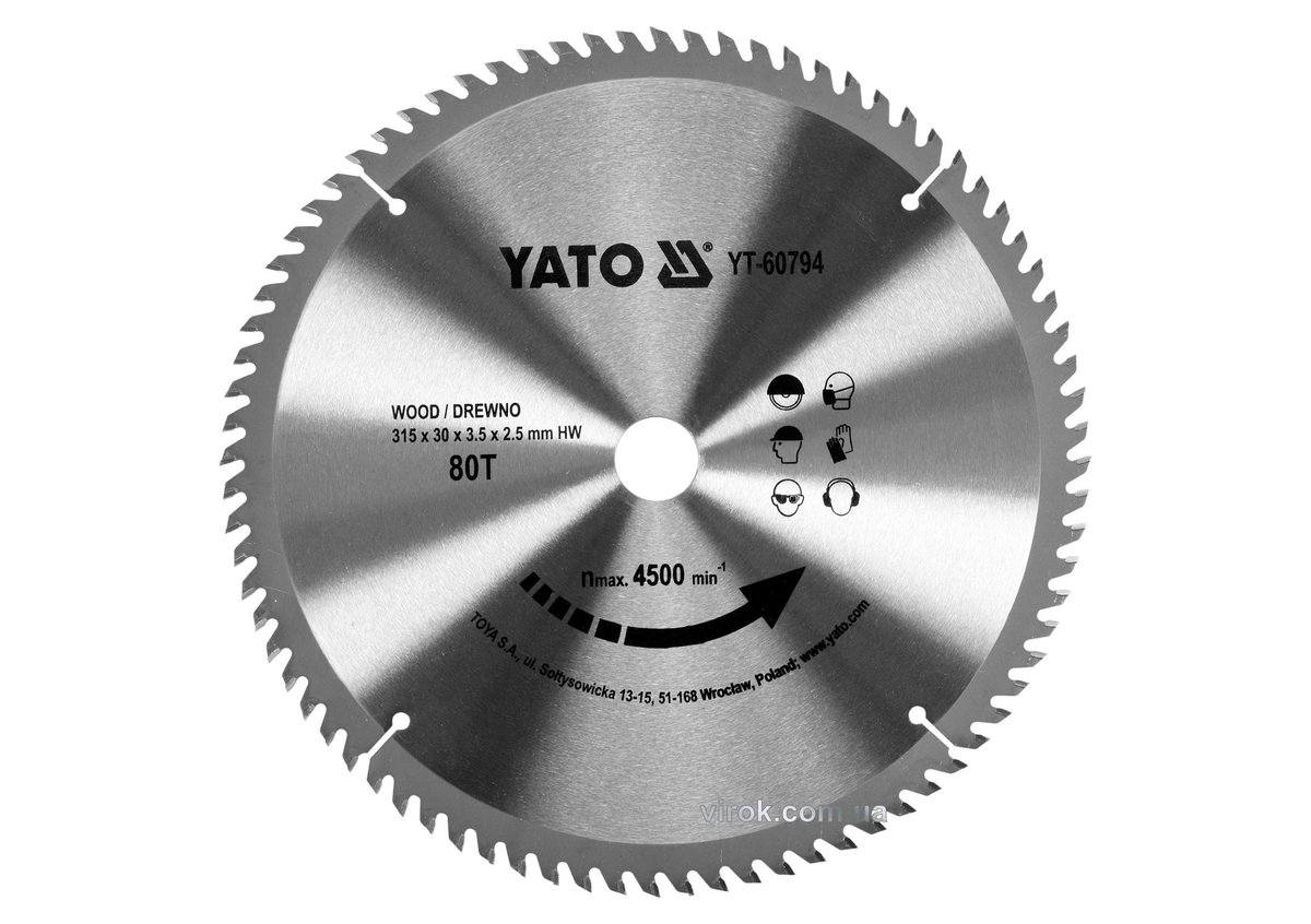 YATO Диск пиляльний победітовий по дереву YATO: 315х30х3.5х2.5 мм, 80 зубців, R.P.M до 4500 1/хв  | 
