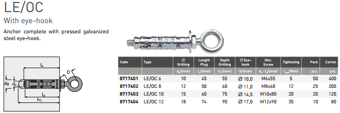 LE/OC With eye-hook Anchor complete with pressed galvanized steel eye-hook.