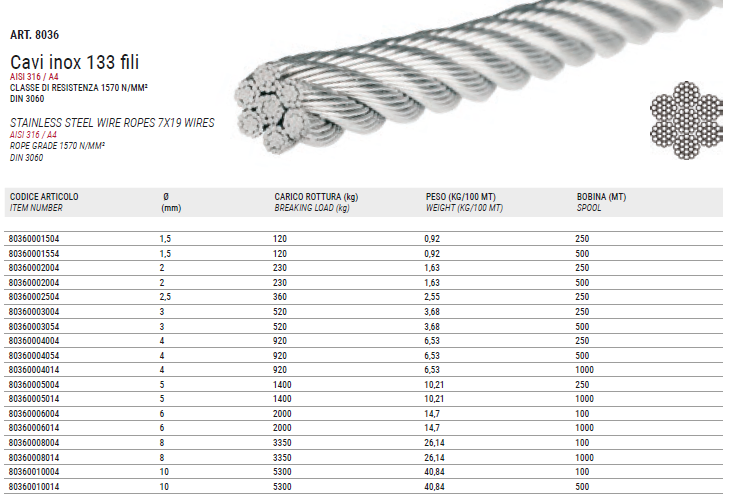 ART. 8036 Steel wire rope 7x19 wires aisi 316 / A4 DIN 3060