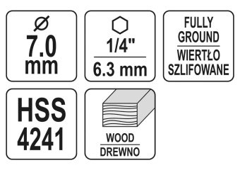 YATO Свердло по дереву YATO : Ø7 x 90/55 мм, хвостовик- HEX 1/4", HSS 4241  | YT-33864