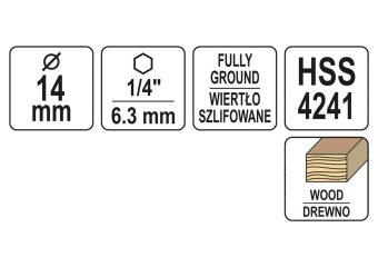 YATO Свердло по дереву YATO : Ø14 x 100/60 мм, хвостовик- HEX 1/4", HSS 4241  | YT-33869