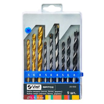 Набір свердел (метал (титан. покр.), бетон, дерево), 9 шт. (3х5,6,8мм, уп. пластик) Spitce | 20-930