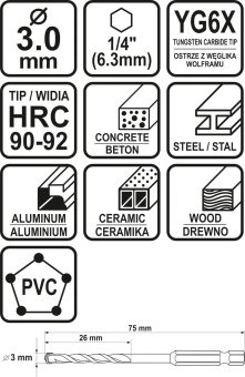 STHOR Свердло універсальне : YG6X, з 6-гран. хвостовиком-1/4", Ø= 3 мм, l= 75/26 мм  | 21680