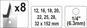 YATO Свердла перові по дереву YATO: 6-гранний хвостик HEX-1/4", Ø=12-32 мм, L=152мм. (Набір/8 Шт.)  