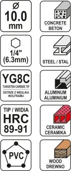 YATO Свердло універсальне YATO: YG6X, Ø= 10 мм, l= 120/70 мм, HEX-1/4"  | YT-44786