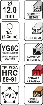 YATO Свердло універсальне YATO: YG6X, Ø= 12 мм, l= 120/70 мм, HEX-1/4"  | YT-44787