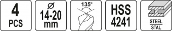 YATO Набір свердл по металу YATO: HSS 4241, Ø14-20мм, L=75/150мм, до нержав. і конструкц. сталі, 4 ш