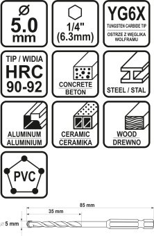 STHOR Свердло універсальне : YG6X, з 6-гран. хвостовиком-1/4", Ø= 5 мм, l= 85/35 мм  | 21684
