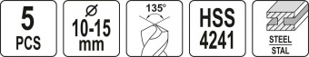 YATO Набір свердл по металу YATO: HSS 4241, Ø10-15мм, L=75/150мм, до нержав. і конструкц. сталі, 5 ш