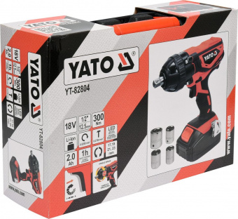 YATO Гайковерт ударний акумуляторний YATO : квадрат 1/2", 300 Нм, Li-Ion 18В, 2 АГод. +4 головки  | 