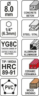 YATO Свердло універсальне YATO: YG6X, Ø= 8 мм, l= 100/45 мм, HEX-1/4"  | YT-44785