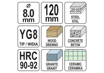 YATO Свердло універсальне YATO : YG8, HRC 90-92, Ø= 8 мм, l= 120 мм  | YT-43945