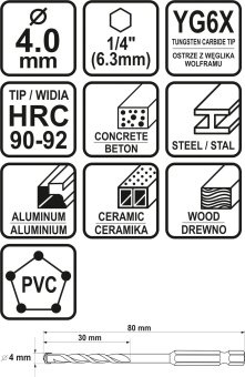 STHOR Свердло універсальне : YG6X, з 6-гран. хвостовиком-1/4", Ø= 4 мм, l= 80/30 мм  | 21682