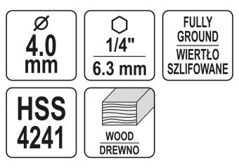 YATO Свердло по дереву YATO : Ø4 x 75/40 мм, хвостовик- HEX 1/4", HSS 4241  | YT-33861