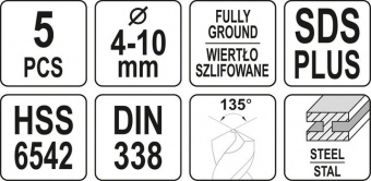 YATO Свердла по металу SDS+ YATO: Ø= 4.0- 10.0 мм, HSS 6542. набір. 5 шт  | YT-40050