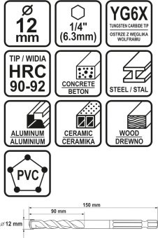STHOR Свердло універсальне : YG6X, з 6-гран. хвостовиком-1/4", Ø= 12 мм, l= 150/90 мм  | 21692