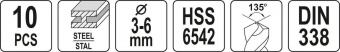 YATO Свердла по металу 2-сторонні, шліфовані YATO : HSS 6542, Ø=3.0- 6.0 мм, 10 шт  | YT-40025