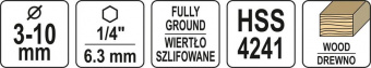 YATO Свердла по дереву спіральні YATO: Ø3, 4, 5, 6, 7, 8, 10 мм, хвостовик- HEX 1/4", HSS 4241, 7 шт