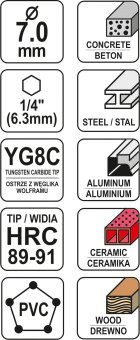 YATO Свердло універсальне YATO: YG6X, Ø= 7 мм, l= 85/30 мм, HEX-1/4"  | YT-44784