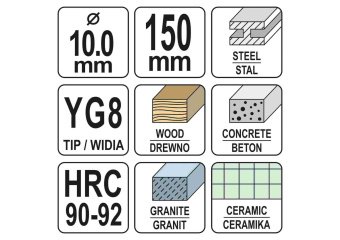 YATO Свердло універсальне YATO : YG8, HRC 90-92, Ø= 10 мм, l= 150 мм  | YT-43946