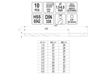 YATO Набір свердл по металу YATO: HSS6542, Ø=1.5-6мм,HEX-1/4",для нерж.,конструкт.сталі, 10 шт в фут