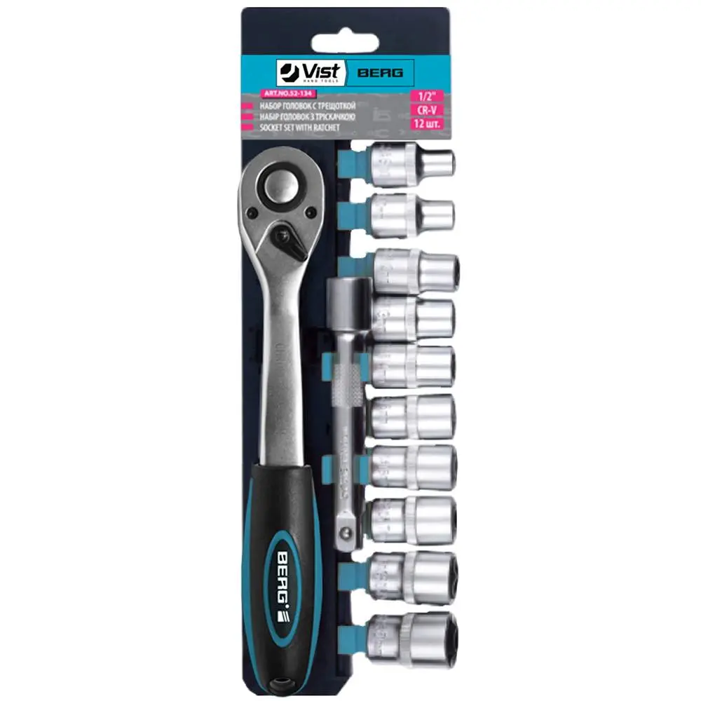 Набір головок з тріскачкою, 1/2 (10-24мм), Cr-V, 12шт Berg | 52-134