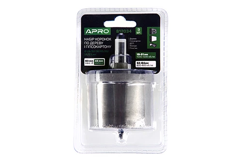Набір коронок по дереву і гіпсокартону 9 предметів, глибина 43мм (26/32/36/45/50/56/63) APRO