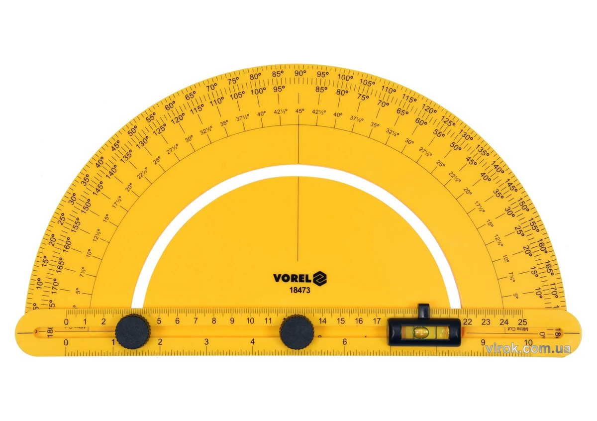 VOREL Транспортир з шкалою 0-180º і рухомим рівнем l=250 мм, з блокувальними гвинтами  | 18473