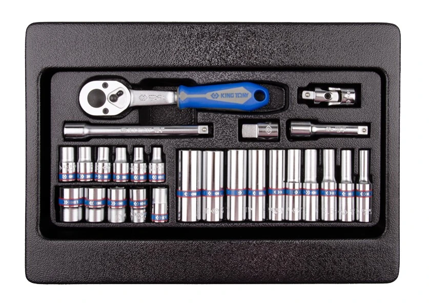 KING TONY Набор торцевых головок 1/4" (головки,трещетка,удл.,кардан). | 9-2526MR