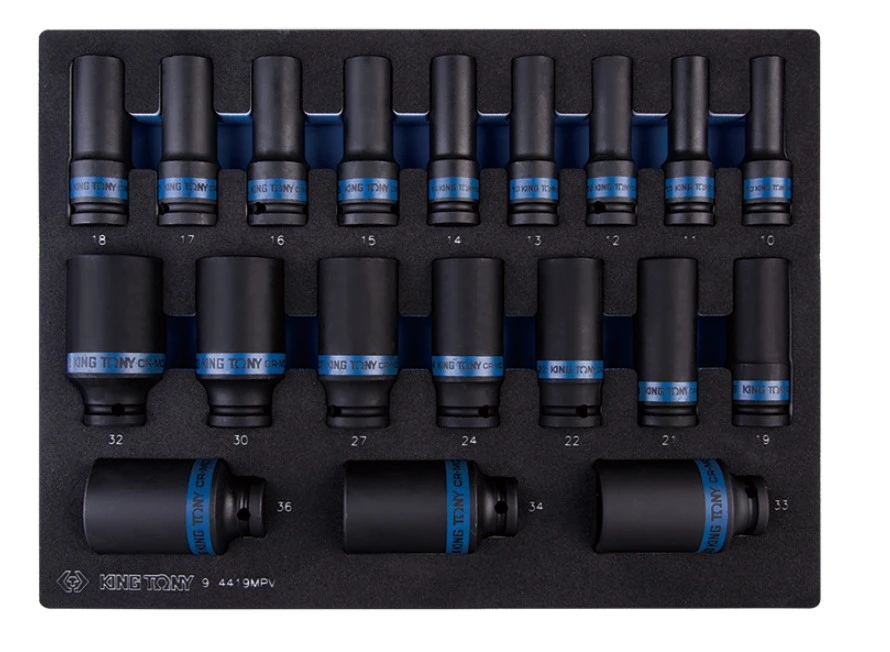 KING TONY Набор торцевых головок 1/2" ударных длинных 19ед (10-36mm) (EVA ложемент) | 9-4419MPV