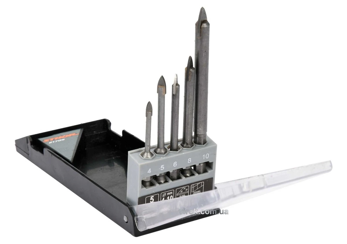 STHOR Набір свердл по склу і кераміці : Ø= 4, 5, 6, 8, 10 мм, YG6X, HEX-1/4", 5 шт  | 21709