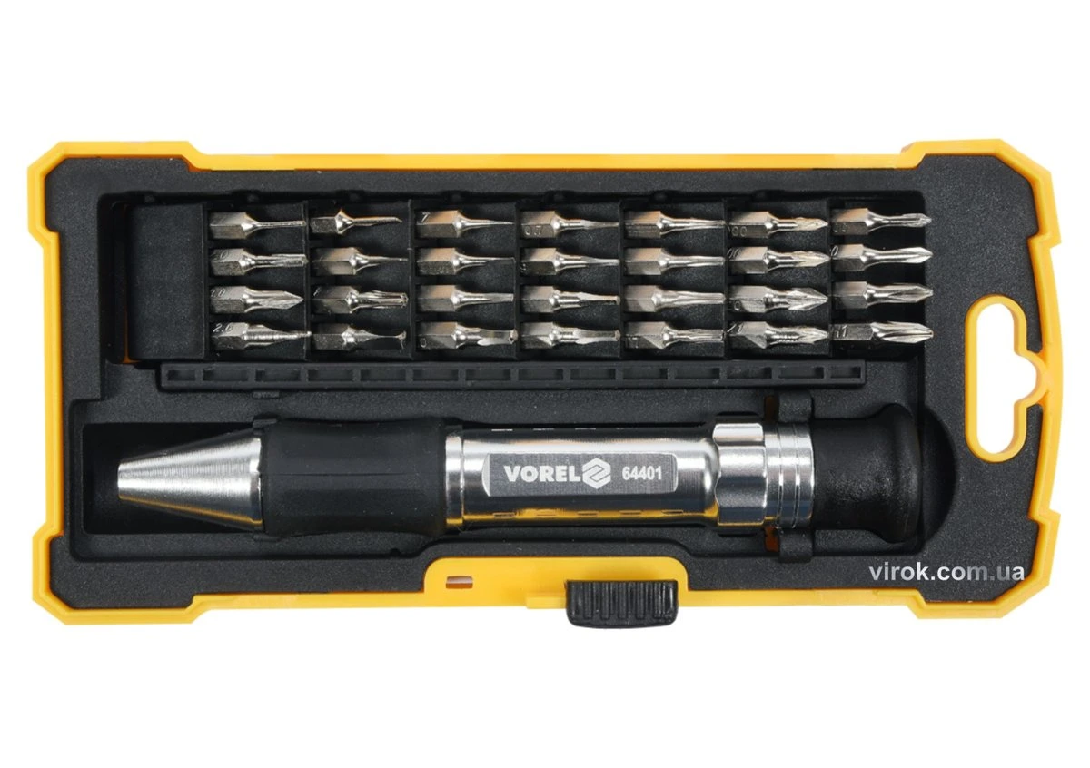 VOREL Викрутка зі змінними прецизійними викрутковими насадками в футлярі, 29 елем.  | 64401