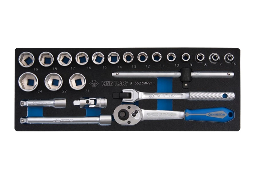 KING TONY Набор торцевых головок 3/8" (головки,трещетка,вороток,удл.) (EVA ложемент) | 9-3523MRV11