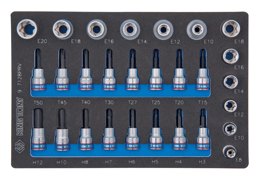 KING TONY Набор торцевых головок 1/2"+3/8", TORX, HEX, Е6-Е20, ложемент, 28 предметов | 9-7128PRV