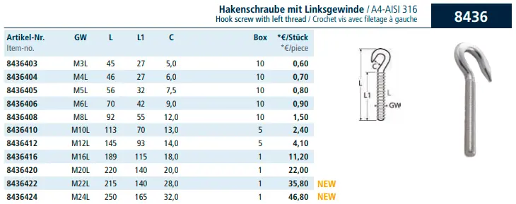 Hook screw with left thread Hook screw with left thread