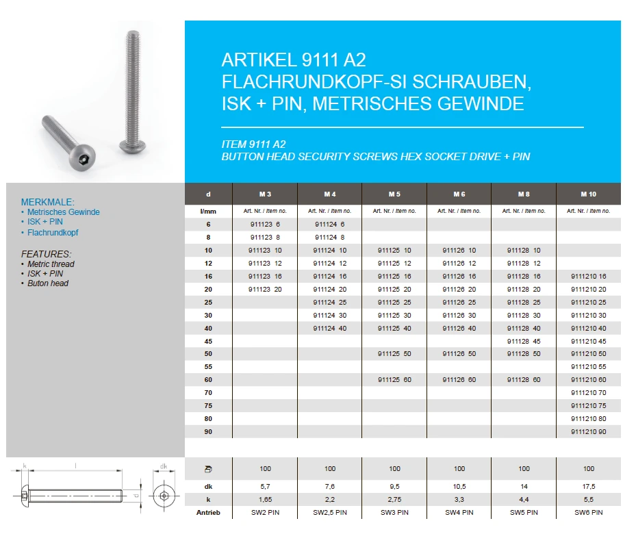 Button head security screws hex socket drive + pin Button head security screws hex socket drive + pin