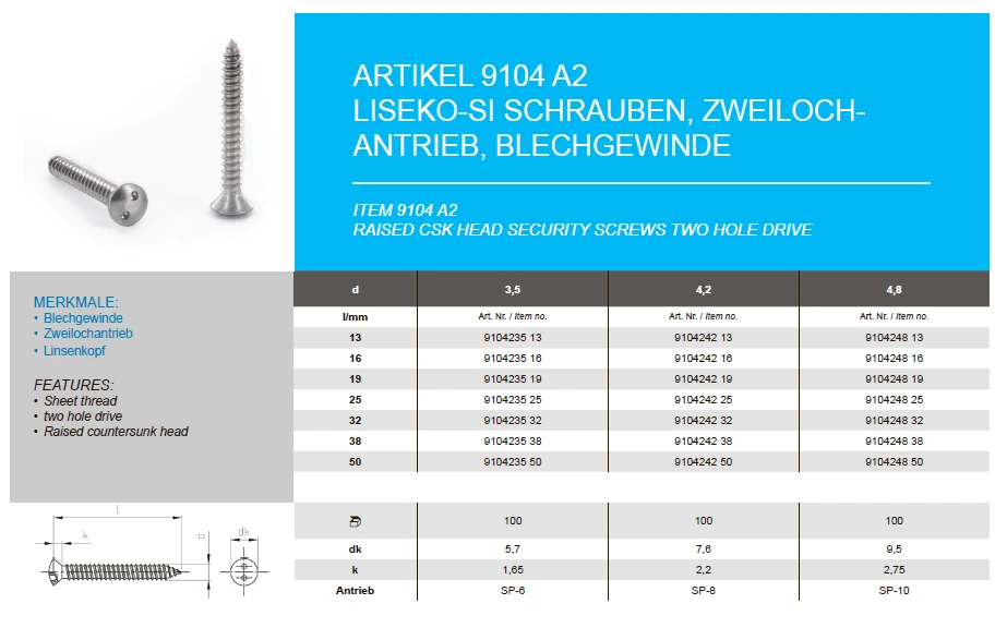 Raised CSK head security screws, two hole drive