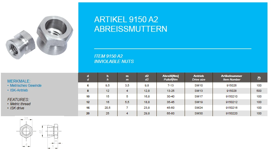 Shear nuts with breaking point 7 - 13 Nm Shear nuts with breaking point 7 - 13 Nm