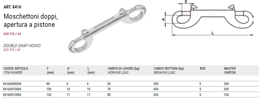 Moschettone doppio, apertura a pistone, aisi 316 / A4