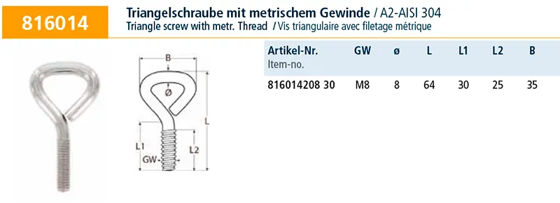 Трикутний гвинт з метричною різьбою А2 8x30 мм