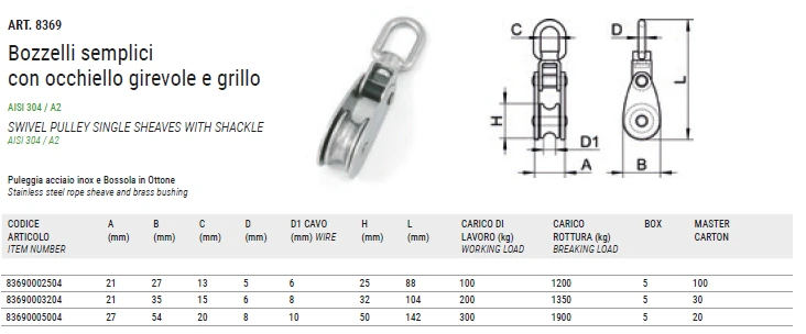 ART. 8369 Swivel pulley single sheave with shackle, aisi 304 / A2 ART. 8369 Swivel pulley single sheave with shackle, aisi 304 / A2