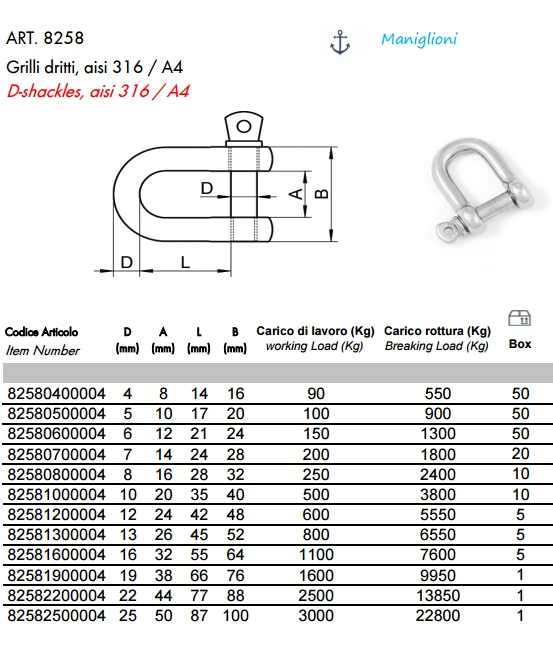 ART. 8258 Такелажные скобы, aisi 316 / A4