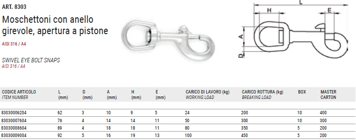 ART. 8303 Swivel Eye Bolt Snaps, aisi 316 / A4