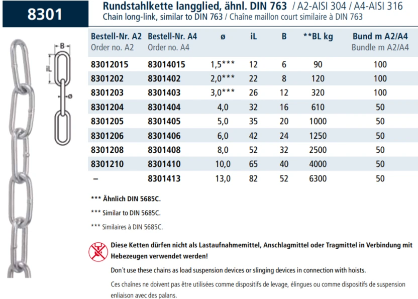 Chain long-link, similar to DIN 5685-C Chain long-link, similar to DIN 5685-C
