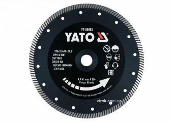 YATO Диск відрізний алмазний по гресу, кераміці "TURBO" YATO Ø=230x2x10x22.2 мм,в мокр.і сух. режимі