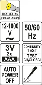 YATO Індикатор напруги мережі індуктивний бездотичний YATO: 12/48-1000 В, з ліхтарем, живл. 2 х ААА 