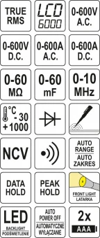 YATO Мультиметр-кліщі TRUE RMS електр. параметрів і темп-ри YATO, діапаз AC/DC- 0-600А, -30-1000 ºC 