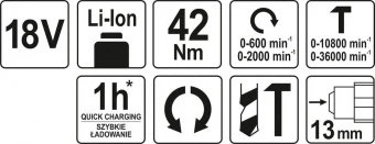 YATO Шуруповерт-дриль ударний безщітк. акумул. YATO: 18В Li-Ion, F=42Нм, 2 АГ, Ø≤13 мм (БЕЗ АКУМУЛЯТ
